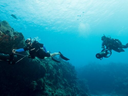Two divers with large cameras under water